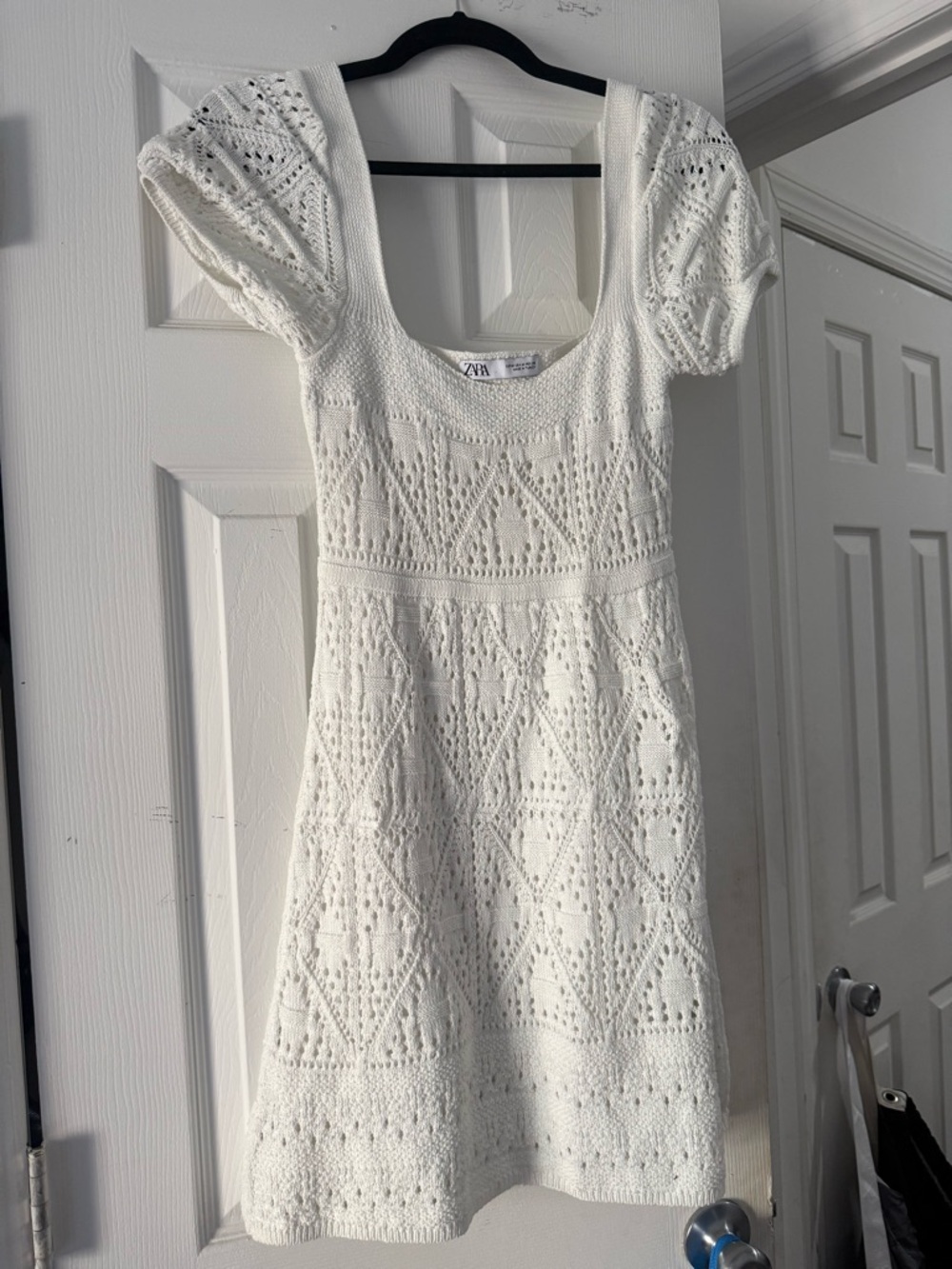 Zara Cream Crochet Puff-Sleeve Mini Dress